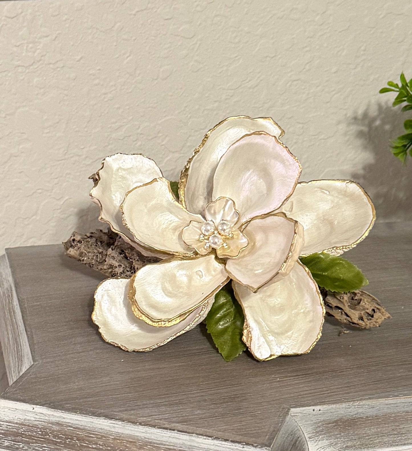 Coastal Magnolia Oyster Shell Art mounted on Driftwood