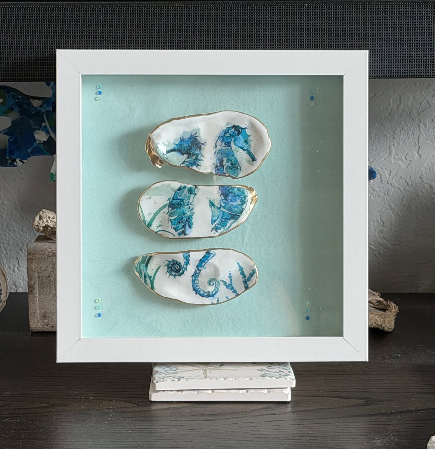 Framed Oyster Shell Coastal Wall Art | Blue Seahorse Design | 8” x 8”