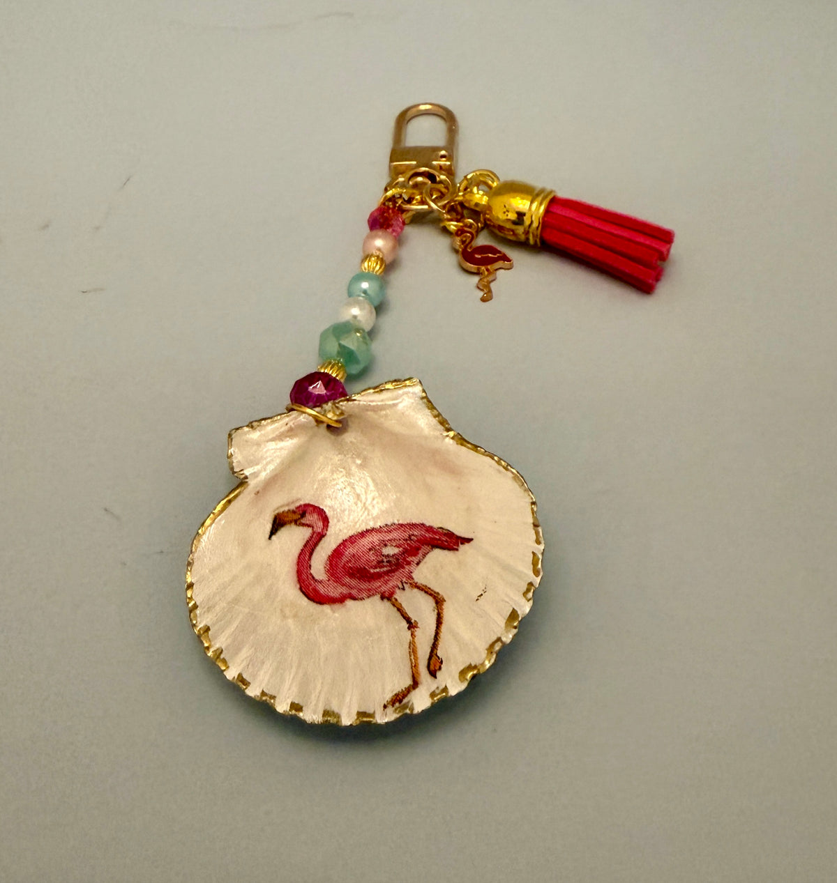 Handcrafted Flamingo Shell Purse Charm | Coastal Bag Accessory