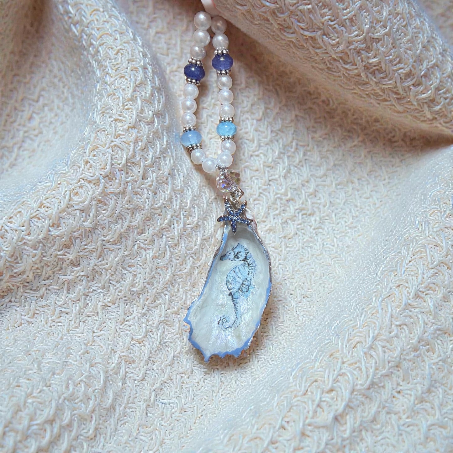 Blue Seahorse Oyster Shell Ornament / Coastal Charm