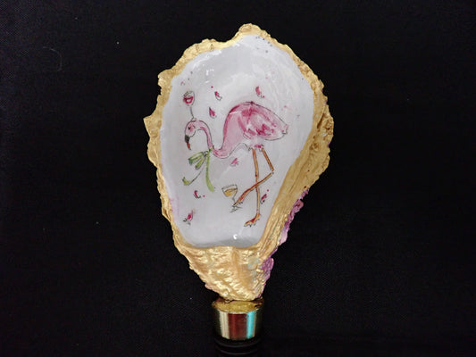 Flamingo with wine glass on head & holding a wine glass