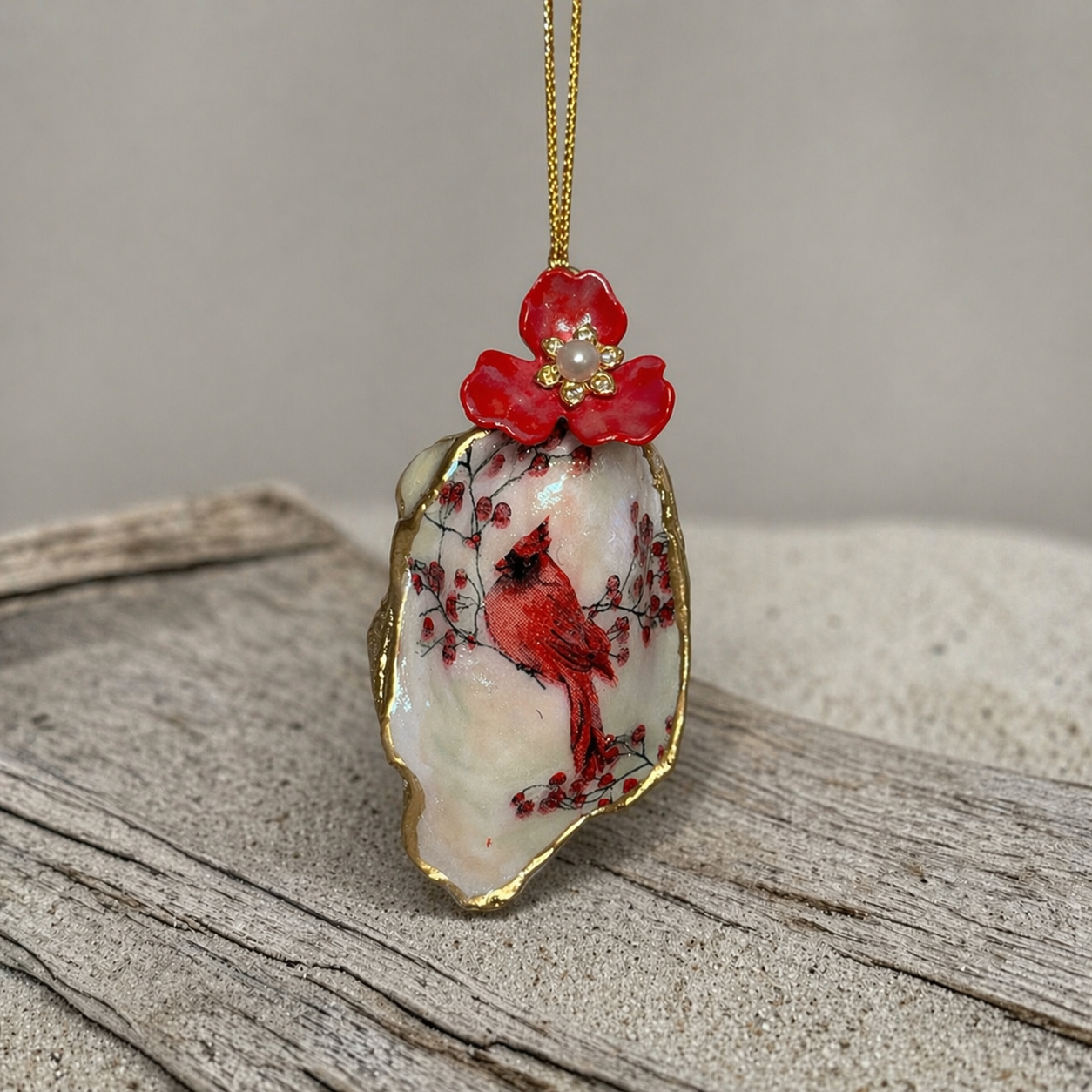 Cardinal Keepsake Oyster Shell Ornament – Handcrafted Coastal Gift