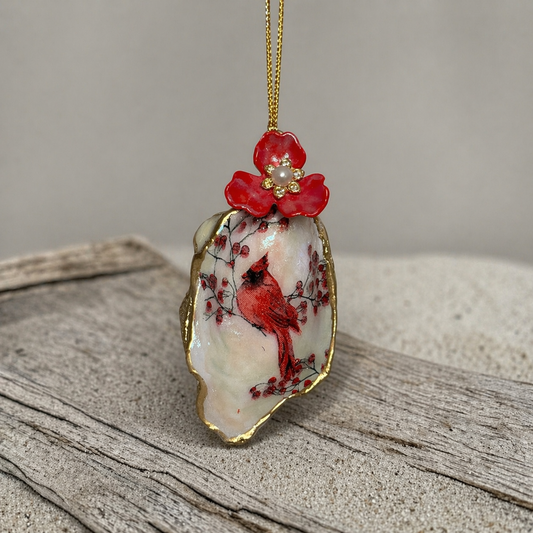 Cardinal Keepsake Oyster Shell Ornament – Handcrafted Coastal Gift