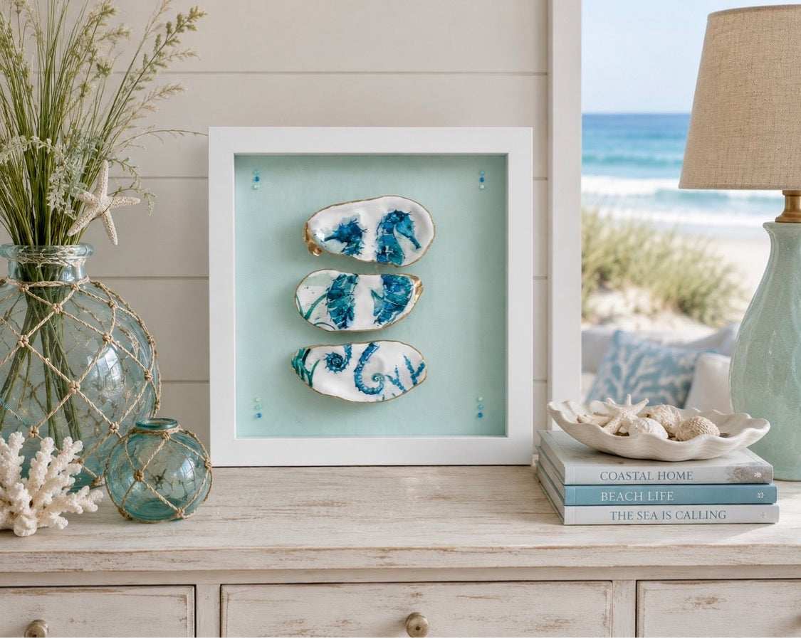 Framed Oyster Shell Coastal Wall Art | Blue Seahorse Design | 8” x 8”
