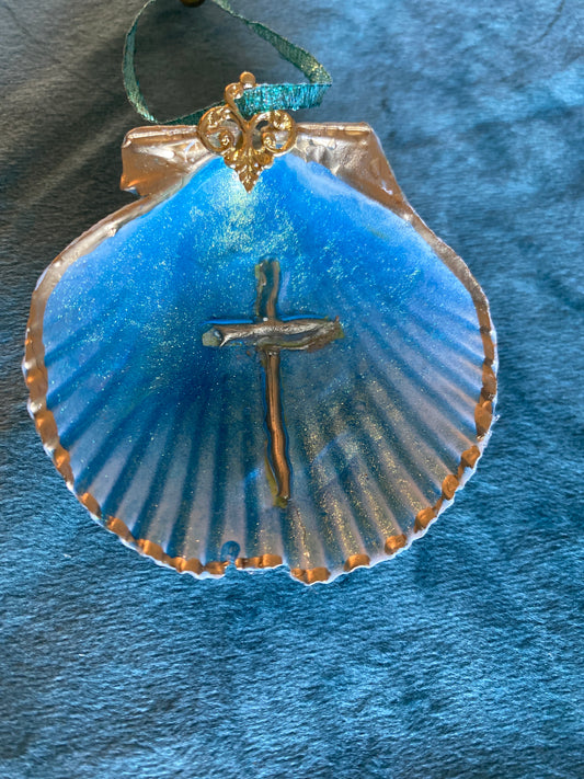 Blue & Gold cross - scallop shell