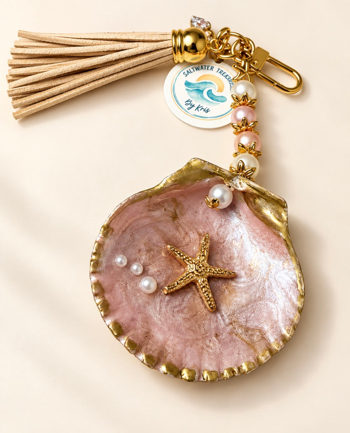 Pearly Pink & Gold Starfish Seashell Purse Charm