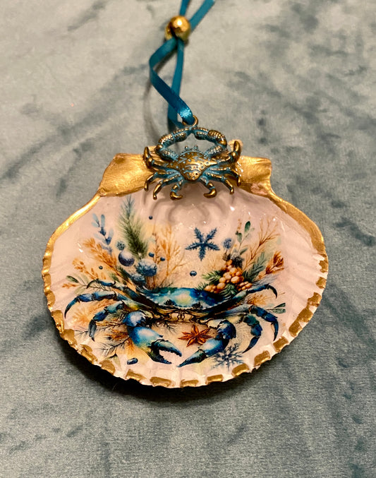 Blue Crab- with Brass crab charm- scallop shell