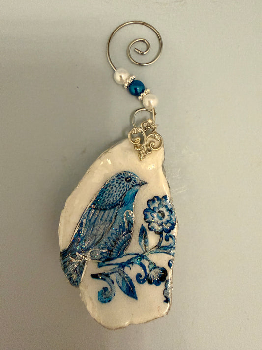 Blue Bird Oyster Shell Ornament/ Silver Accents & Coastal Decor