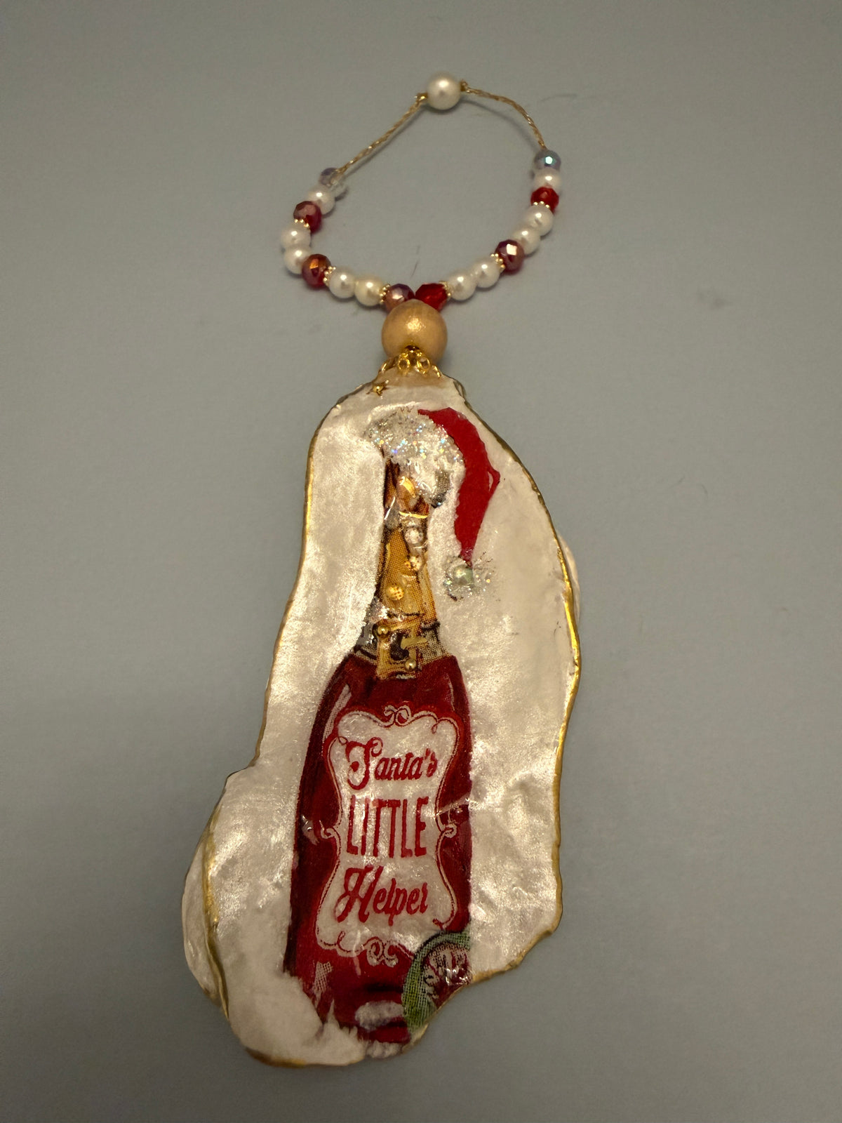 Santa’s little helper Oyster Shell Ornament/ Wine Bottle Charm