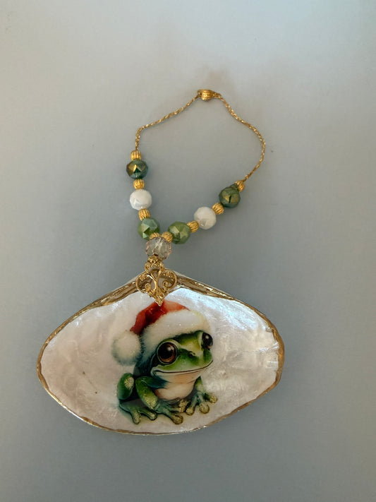 Christmas Frog Oyster Shell Ornament & Wine Bottle Charm