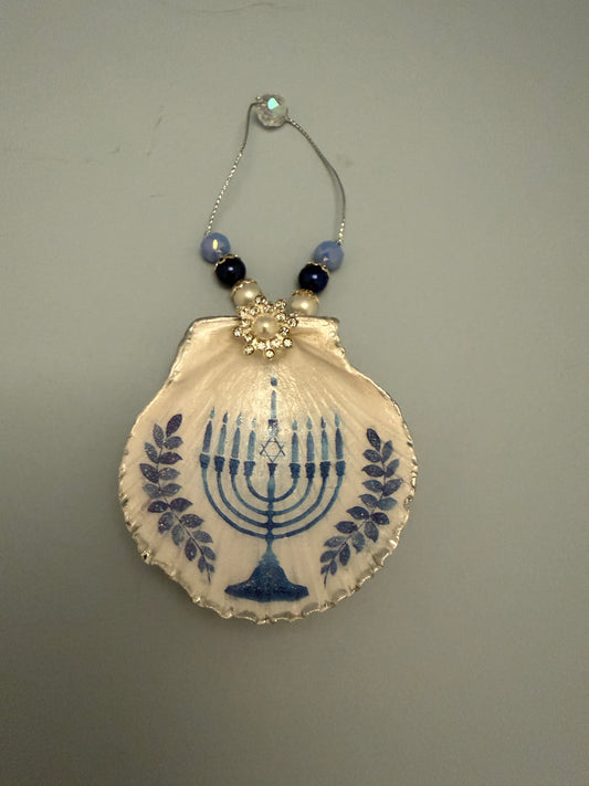 Hanukkah Menorah Scallop Shell Ornament | Handcrafted Coastal Decor