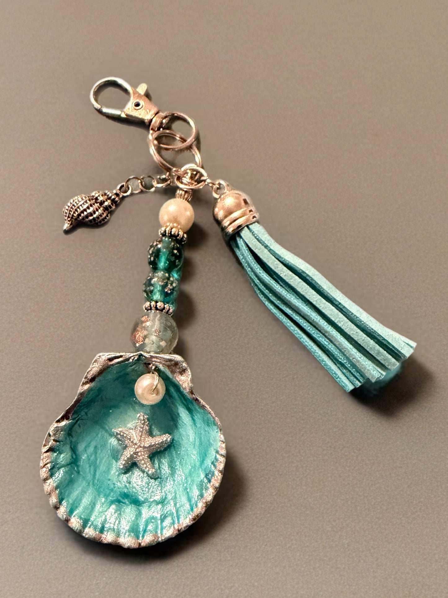 Starfish with pearl on a teal scallop shell- purse charm