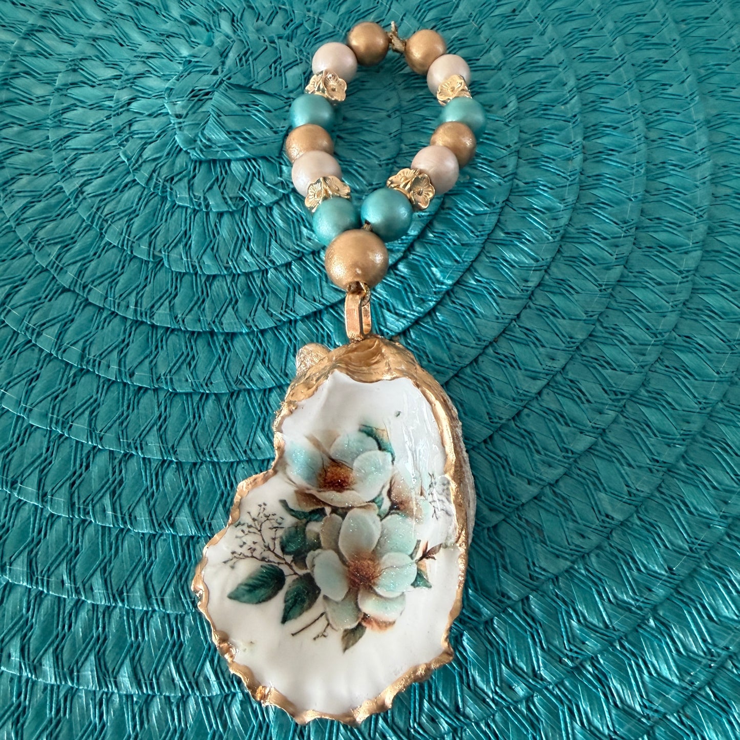 Handcrafted Oyster Shell with Beaded Hanger – Coastal Floral Keepsake