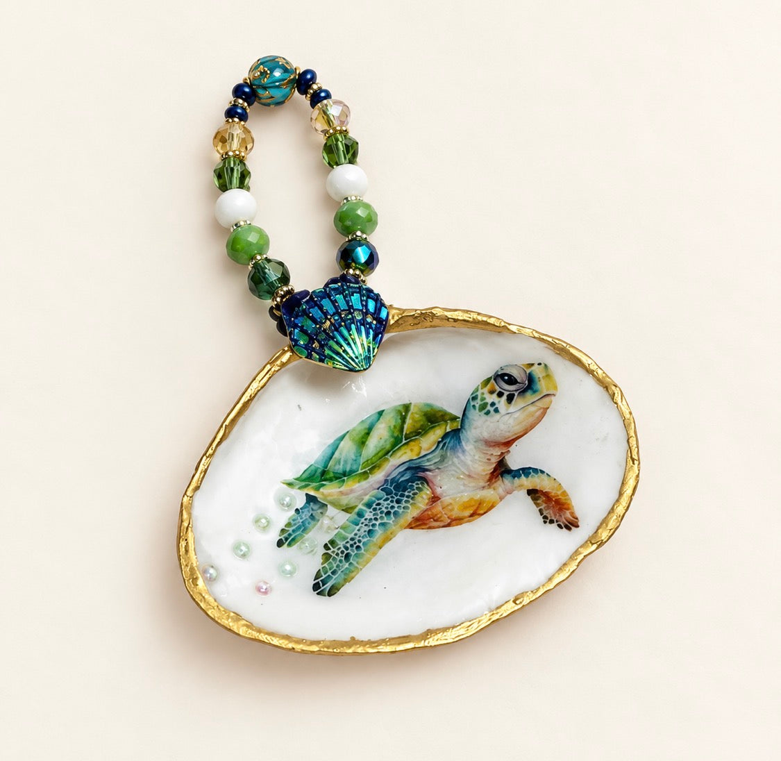 Sea Turtle Clam Shell Ornament | Handmade Coastal Decor