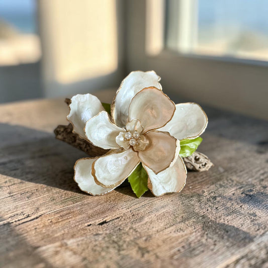 Coastal Magnolia Oyster Shell Art mounted on Driftwood