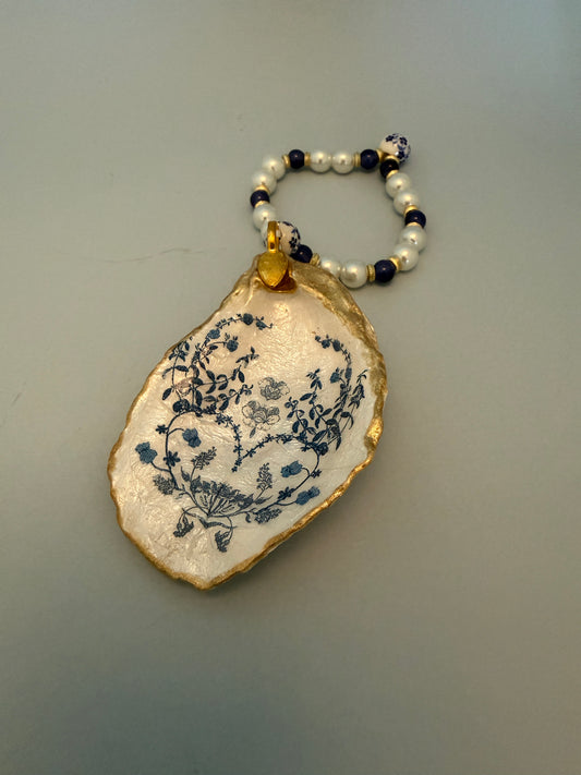 Blue & White Floral Oyster Shell Ornament & Wine Bottle Charm