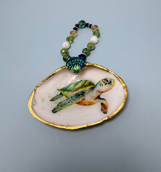 Sea Turtle Clam Shell Ornament | Handmade Coastal Decor