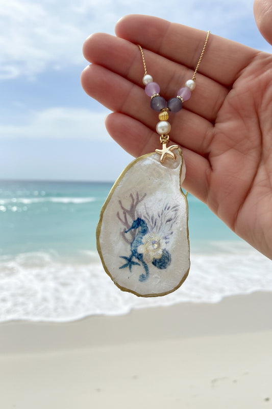 Handcrafted Blue Seahorse Oyster Shell Ornament
