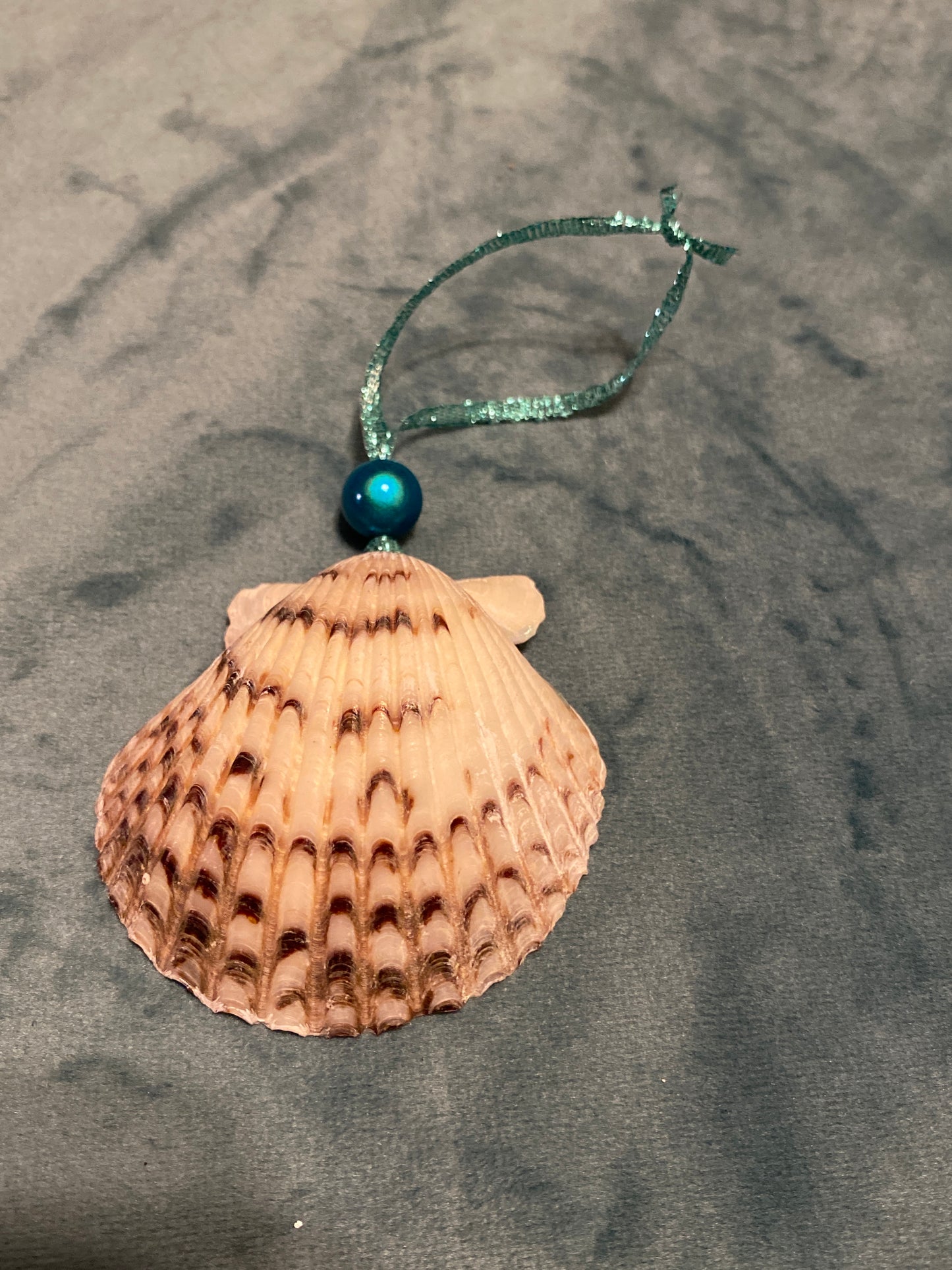 “Happy Holidays” with blue shimmer background -scallop shell