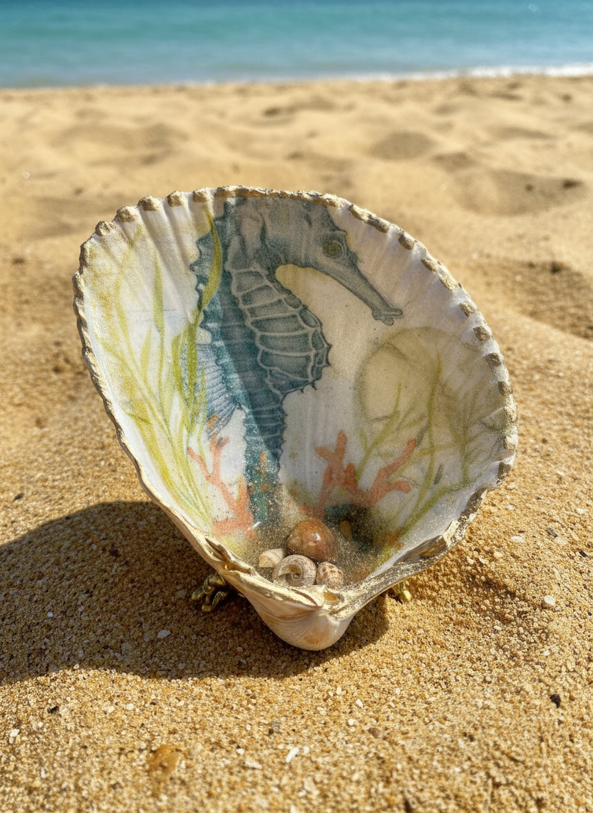 Seahorse on stand -large cockle shell