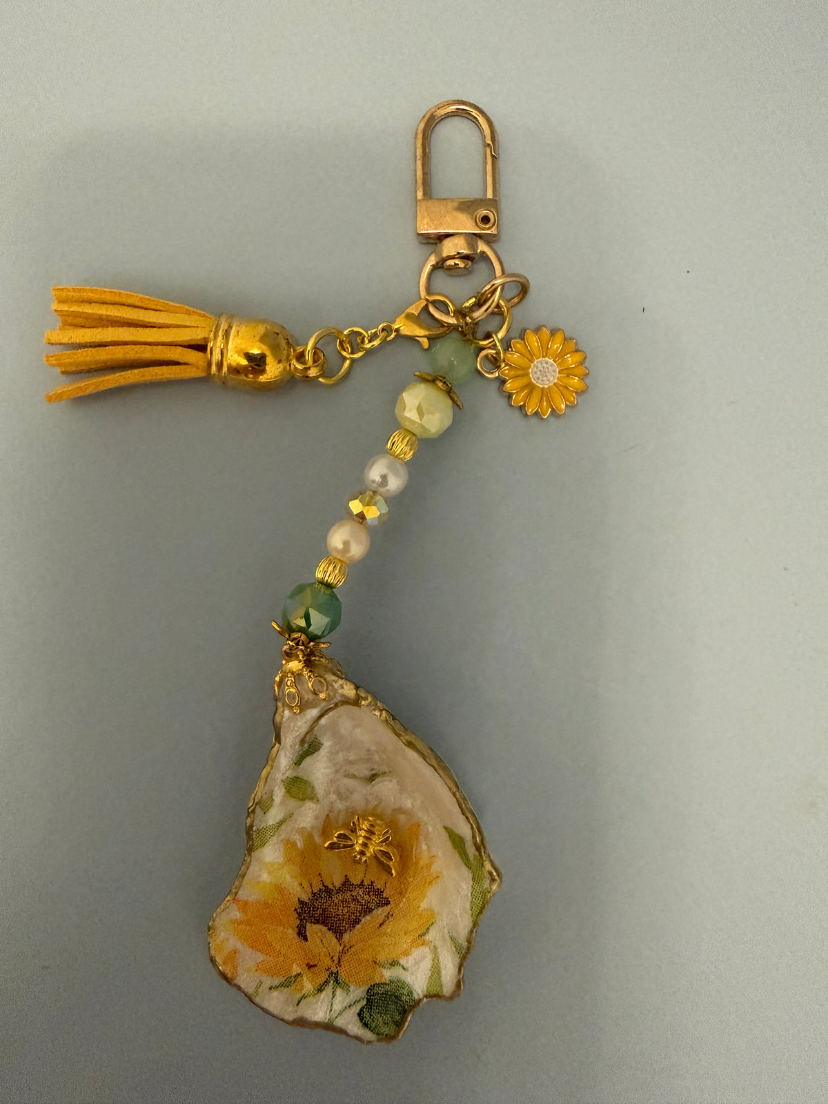 Sunflower & Bee Oyster Shell Purse Charm | Handmade Coastal Accessory