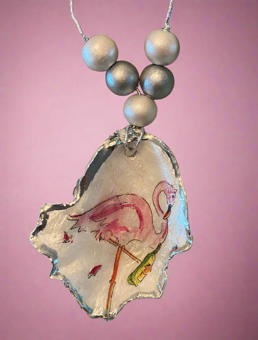 Flamingo with wine bottle- oyster shell