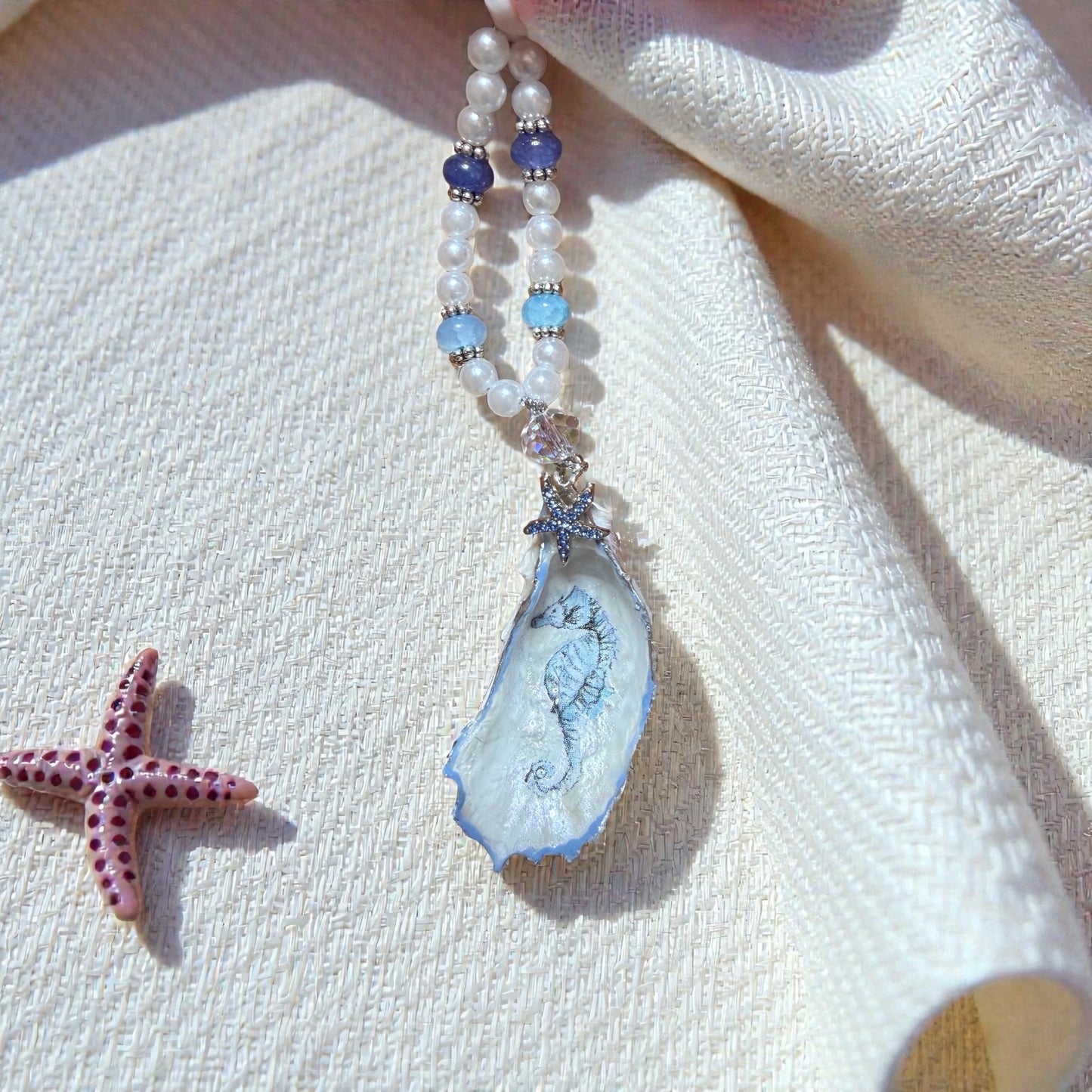Blue Seahorse Oyster Shell Ornament / Coastal Charm