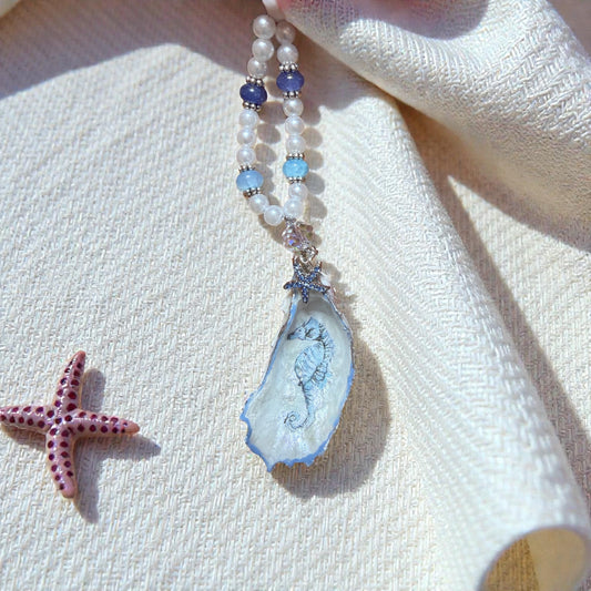 Blue Seahorse Oyster Shell Ornament / Coastal Charm
