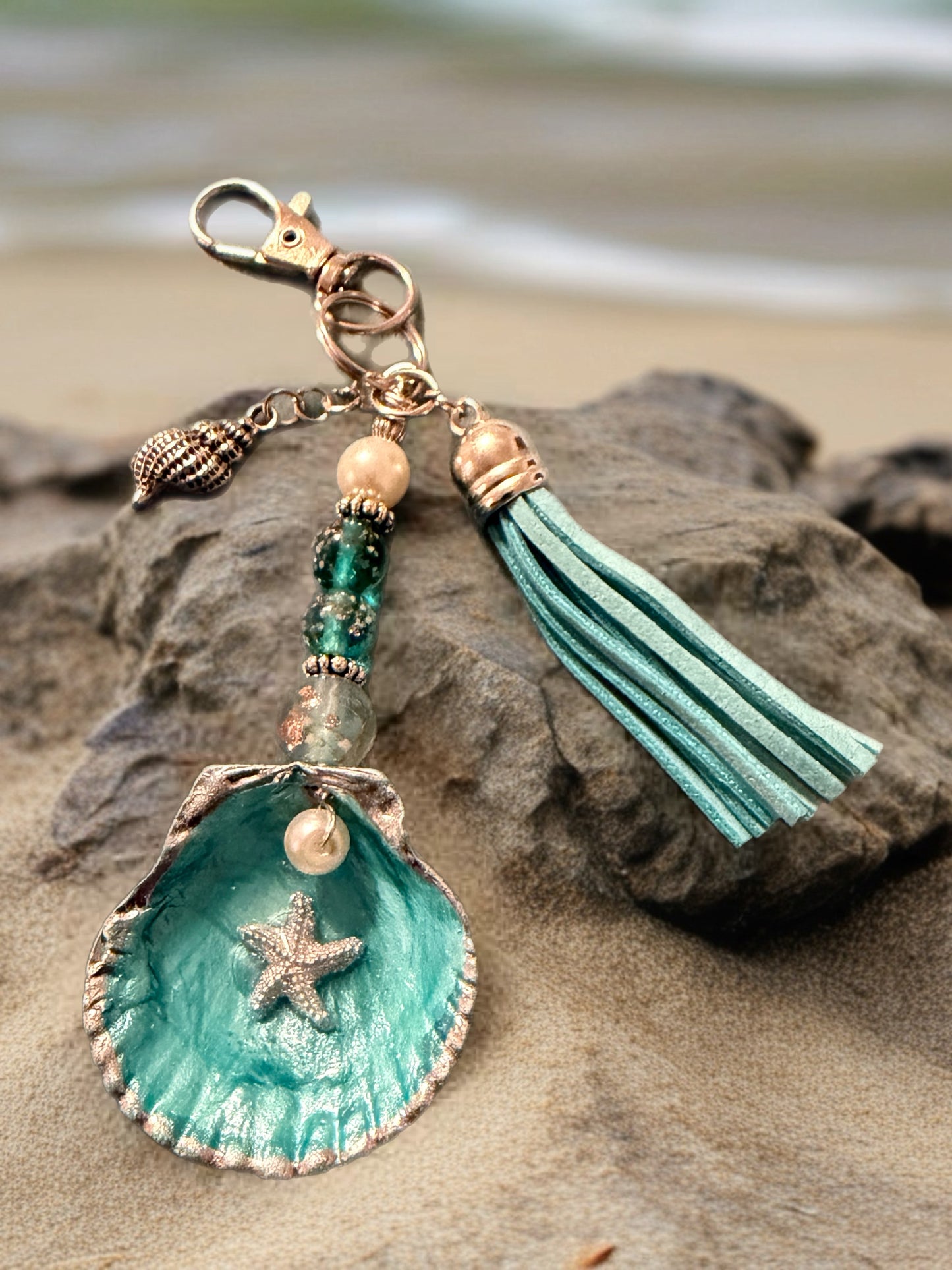 Starfish with pearl on a teal scallop shell- purse charm