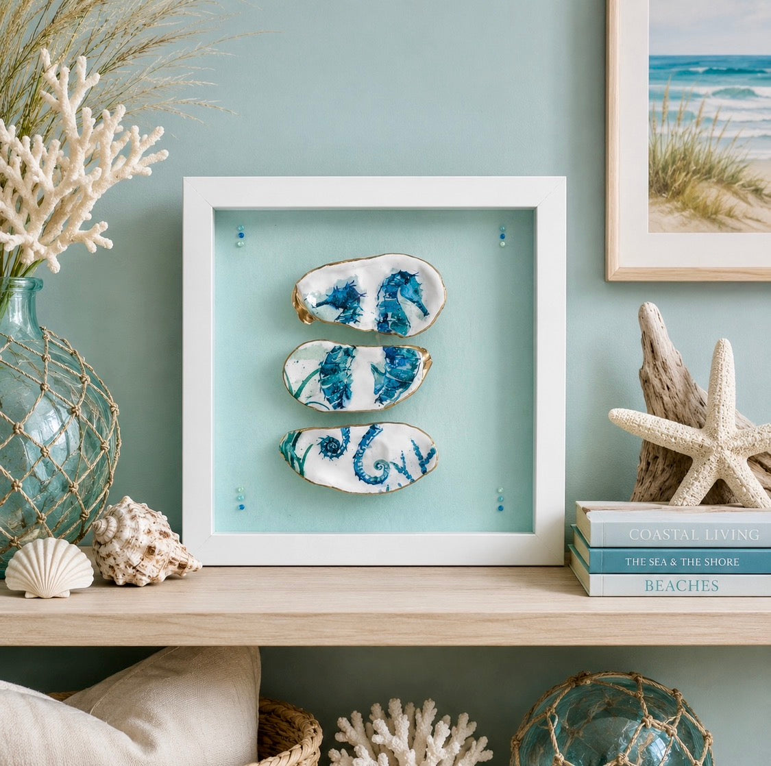 Framed Oyster Shell Coastal Wall Art | Blue Seahorse Design | 8” x 8”