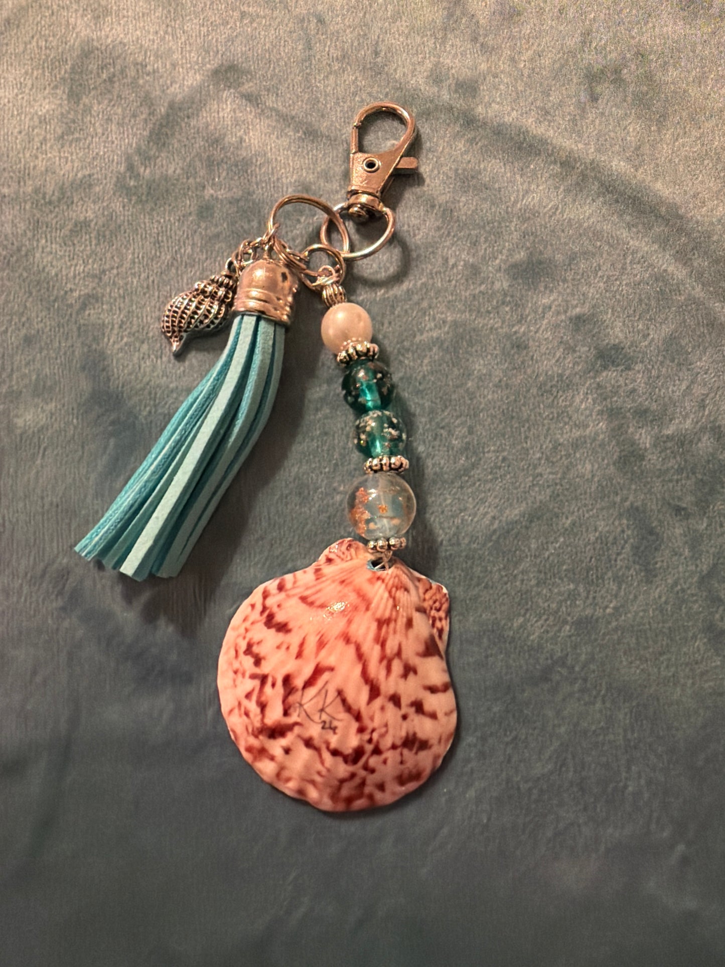 Starfish with pearl on a teal scallop shell- purse charm
