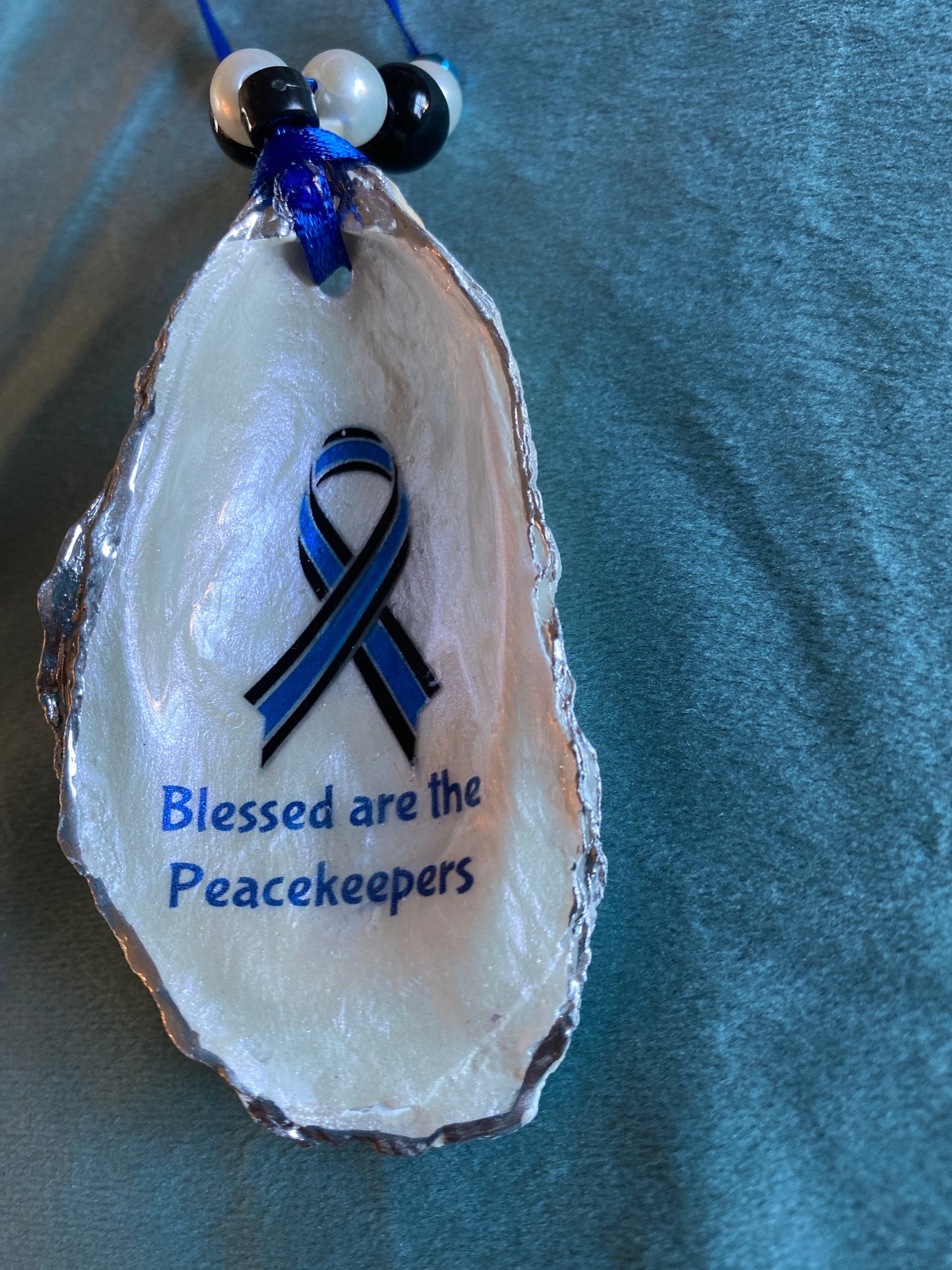 Thin Blue line ribbon “Blessed are the Peacekeepers” - oyster shell