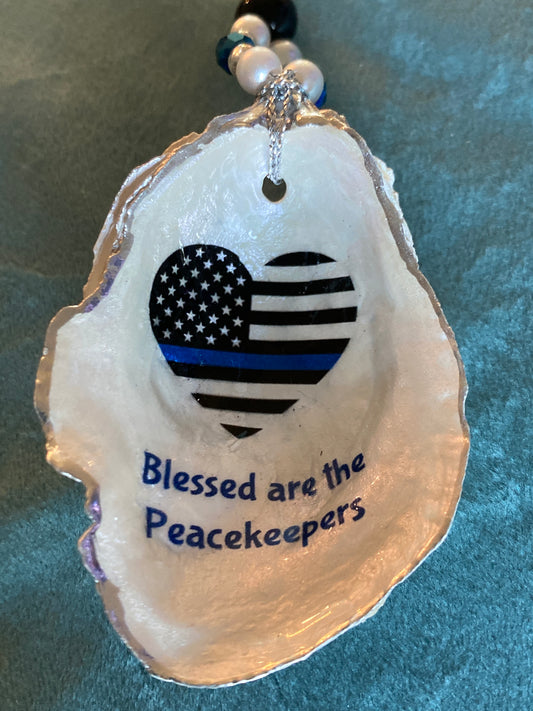 Thin Blue line Heart shaped Flag “Blessed are the Peacekeepers” -Oyster Shell