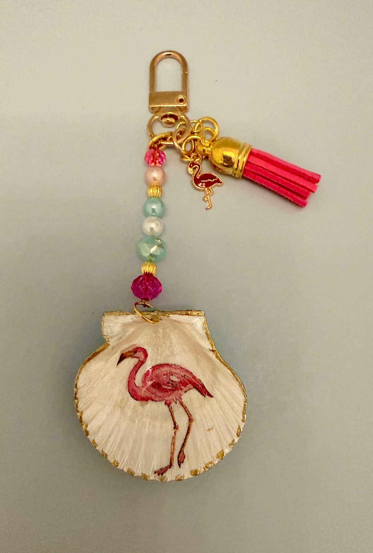 Handcrafted Flamingo Shell Purse Charm | Coastal Bag Accessory