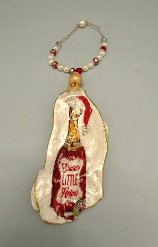 Santa’s little helper Oyster Shell Ornament/ Wine Bottle Charm