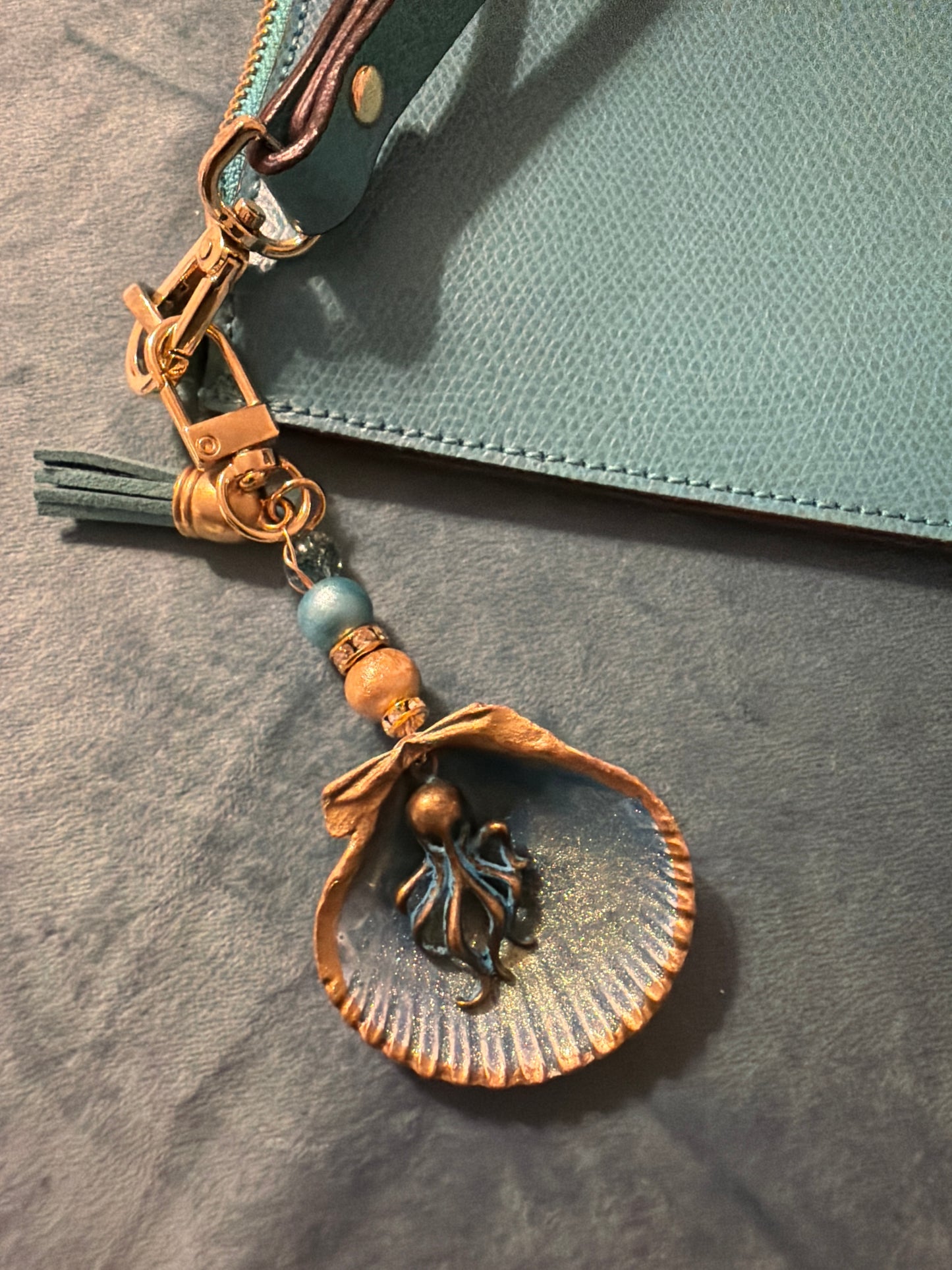 Octopus charm on a scallop shell purse charm