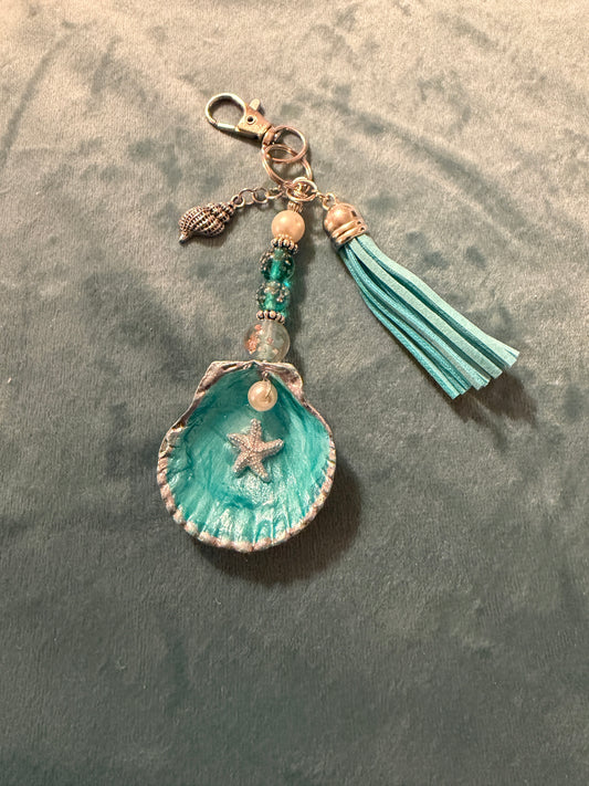 Starfish with pearl on a teal scallop shell- purse charm