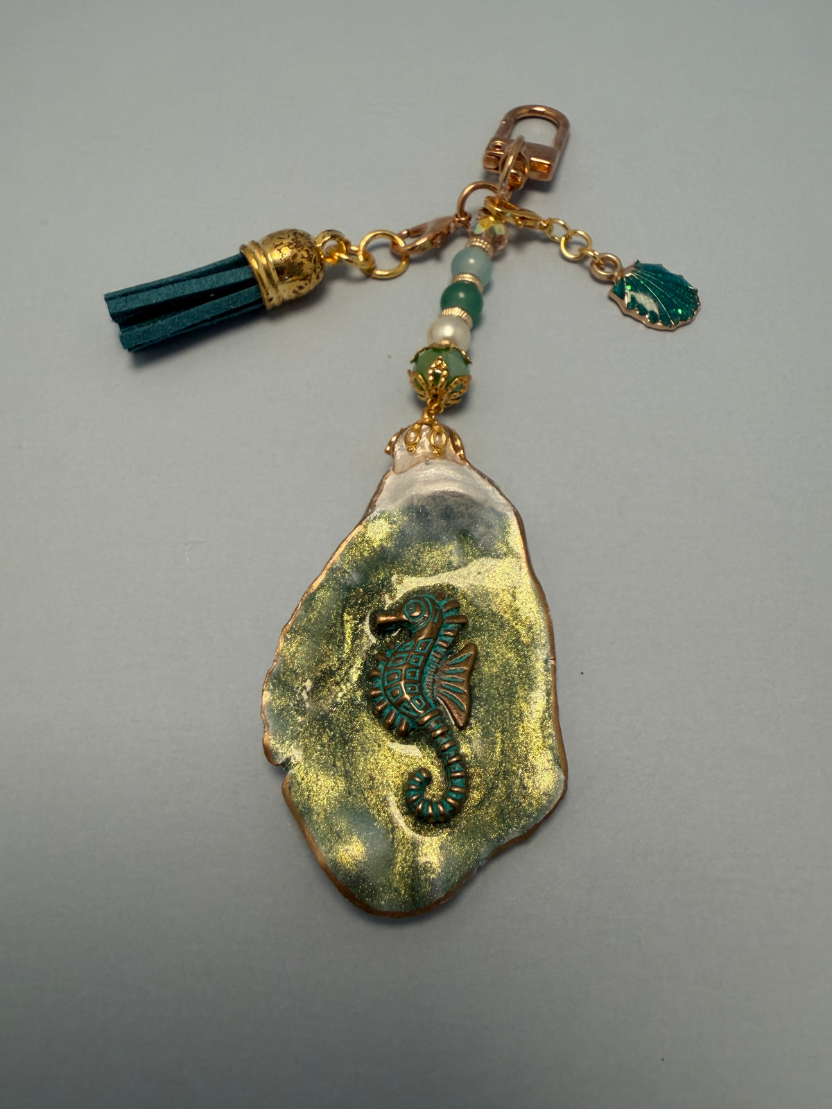 Seahorse Oyster Shell Purse Charm – Seafoam Green & Gold
