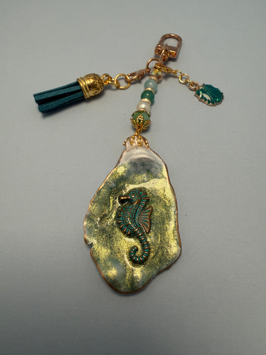 Seahorse Oyster Shell Purse Charm – Seafoam Green & Gold