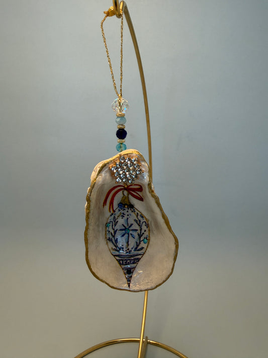 Blue & White Coastal Christmas Oyster Shell Ornament