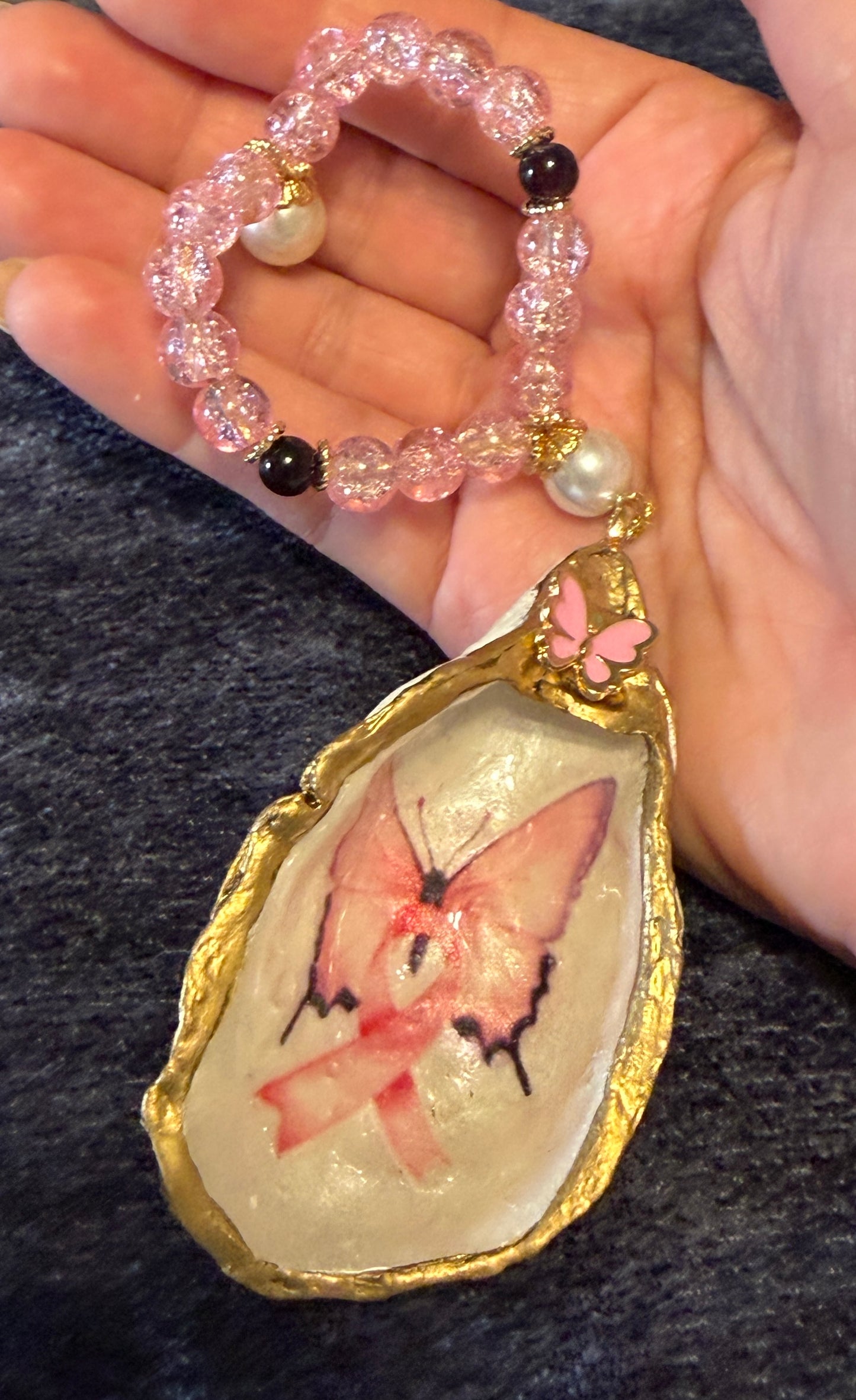 Butterfly Breast Cancer Awareness Oyster Shell Ornament