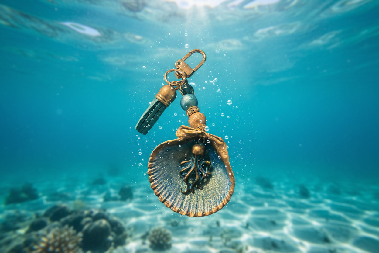 Octopus charm on a scallop shell purse charm