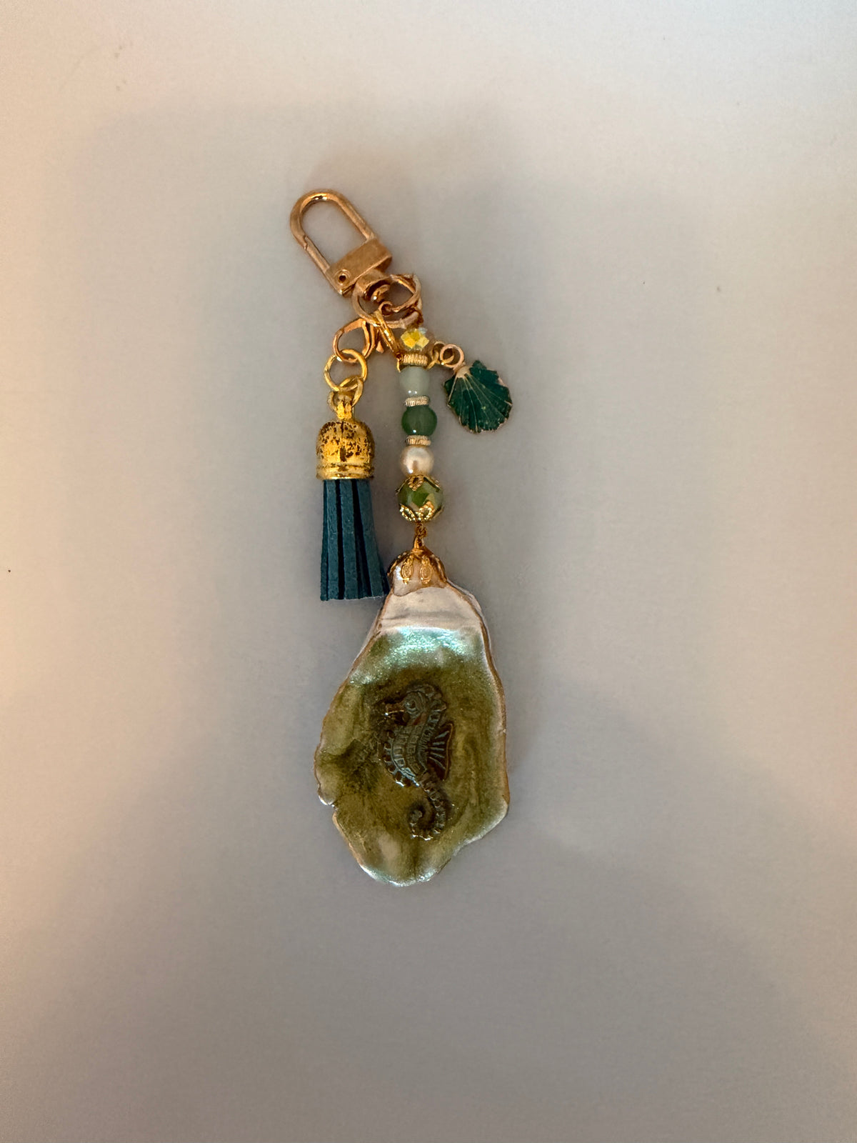 Seahorse Oyster Shell Purse Charm – Seafoam Green & Gold