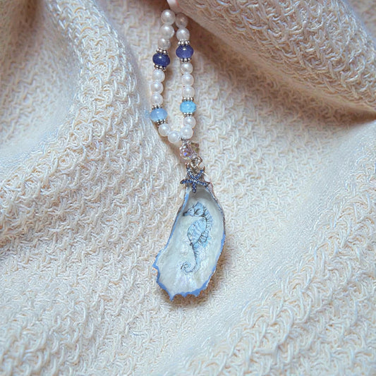 Blue Seahorse Oyster Shell Ornament / Coastal Charm