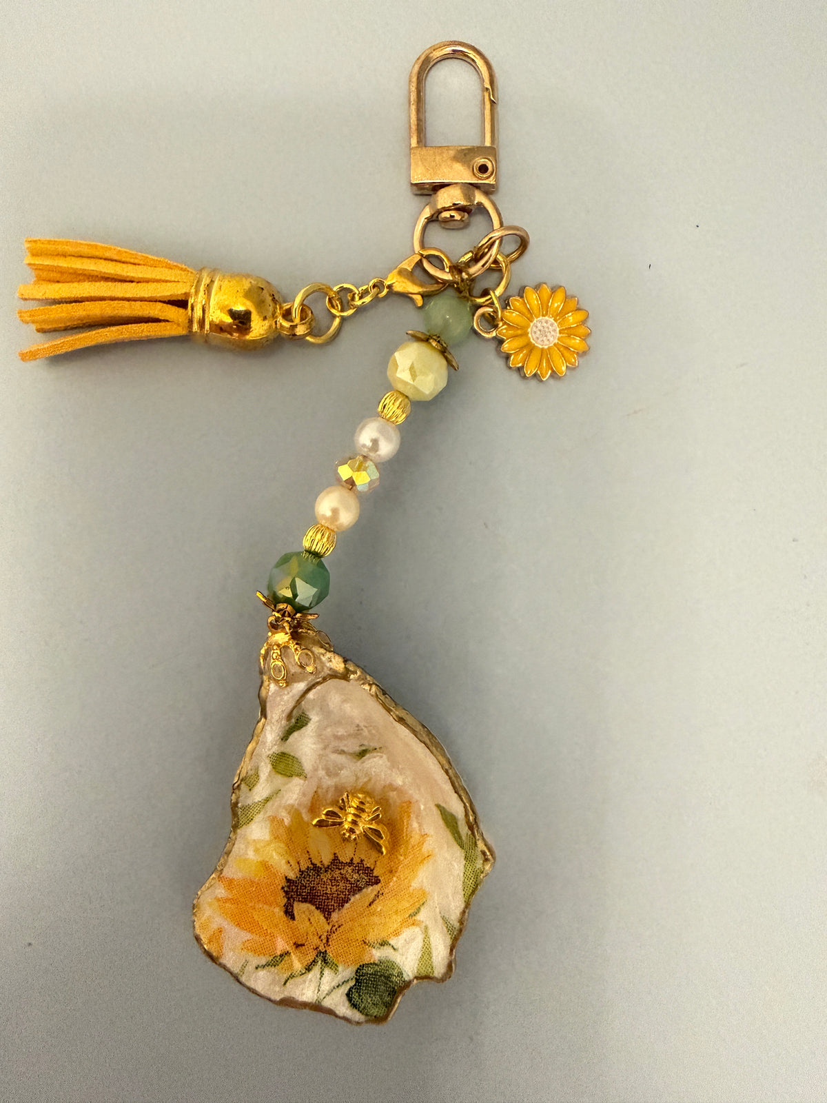 Sunflower & Bee Oyster Shell Purse Charm | Handmade Coastal Accessory