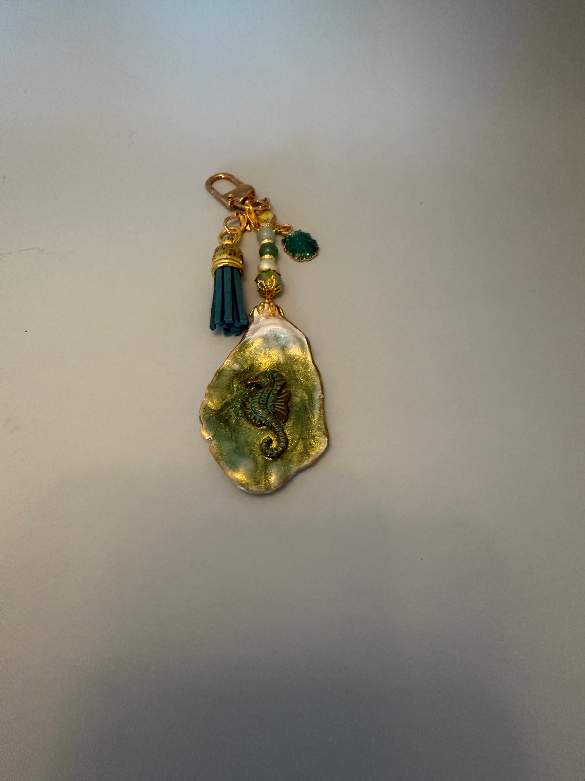 Seahorse Oyster Shell Purse Charm – Seafoam Green & Gold