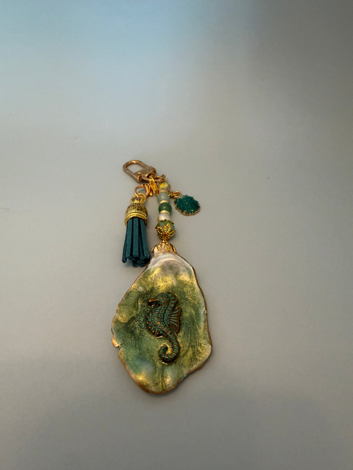 Seahorse Oyster Shell Purse Charm – Seafoam Green & Gold