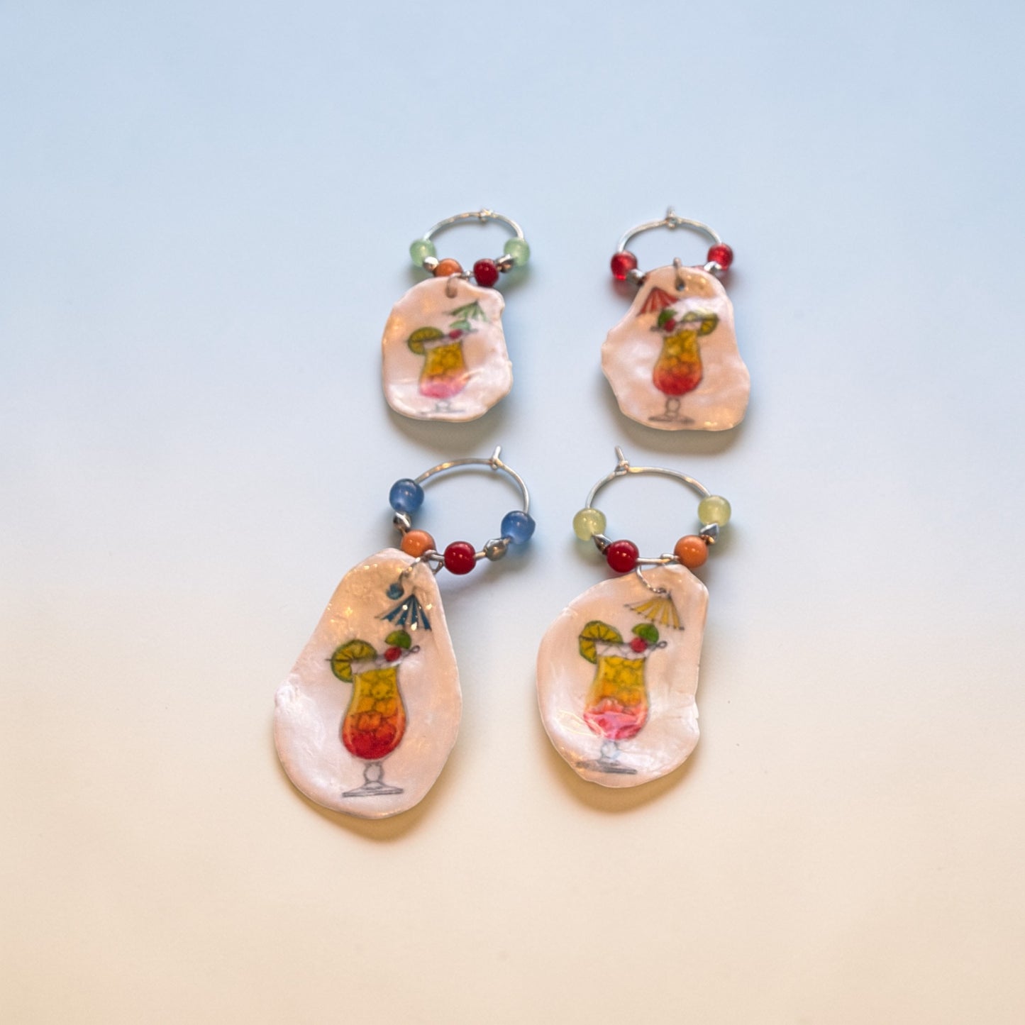 Cocktail with umbrella and coordinating color bead  -glass charms set of 4
