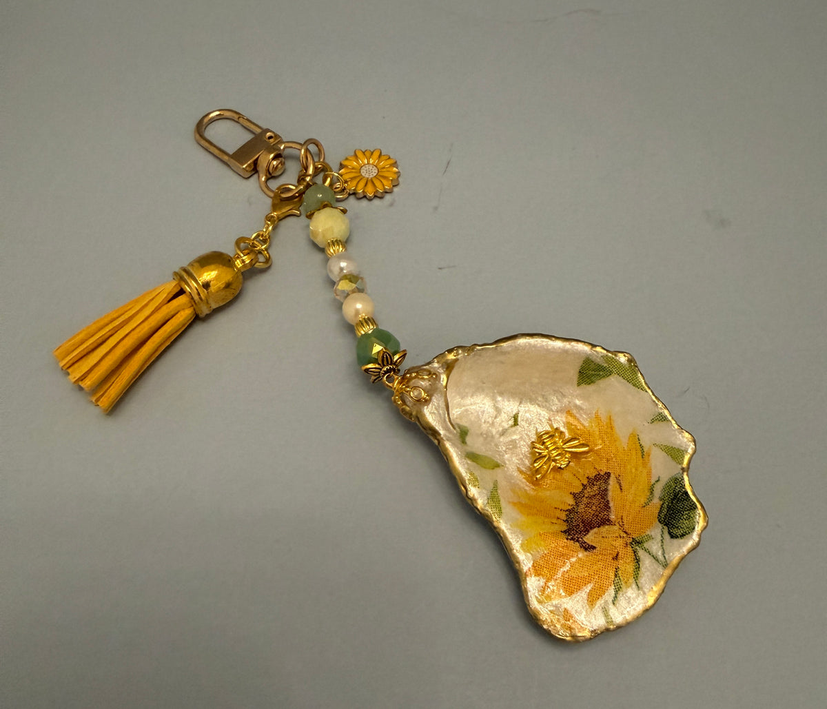 Sunflower & Bee Oyster Shell Purse Charm | Handmade Coastal Accessory