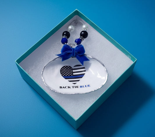 Thin Blue Line Heart- “Back The Blue” with velvet bow- Clam